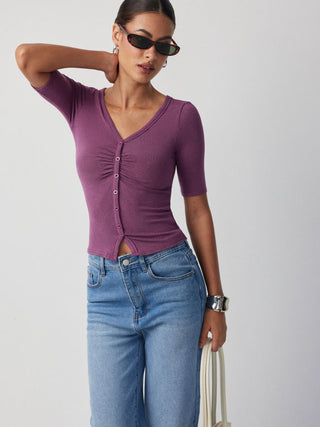 V-neck Mid-length Sleeve Ruched Split Hem Top