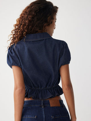 Puff Sleeve Tie-Front Ruffle Hem Denim Crop Top