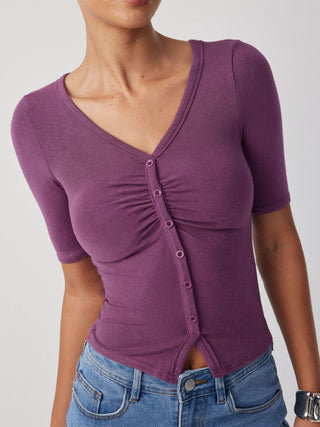 V-neck Mid-length Sleeve Ruched Split Hem Top
