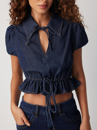 Puff Sleeve Tie-Front Ruffle Hem Denim Crop Top