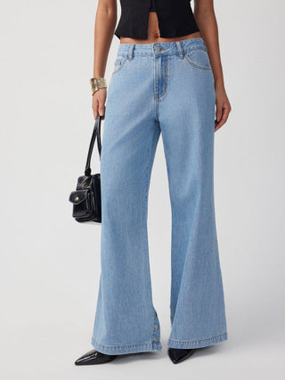 Denim Mid Rise Flared Tapered Back Metal Detail Trousers