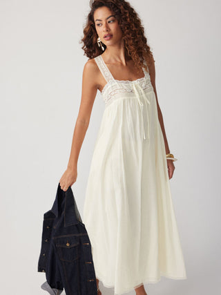Cotton Square Neck Lace Trim Bowknot Maxi Dress
