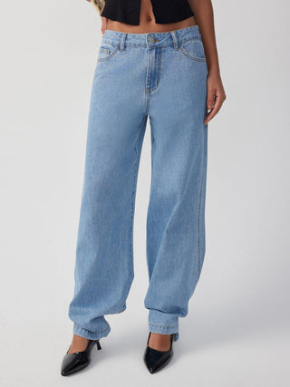 Denim Mid Rise Flared Tapered Back Metal Detail Trousers