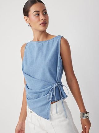 Washed Denim Boat Neck Wrap Tie Waist Asymmetrical Hem Vest
