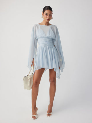 Chiffon Boat Neck Cloak Sleeve Hanky Hem Smocked Oversized Romper