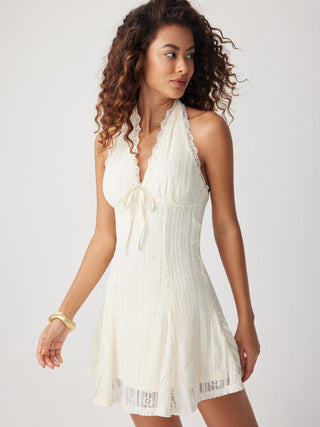 Lace Halter V-neck Bowknot A-line Mini Dress