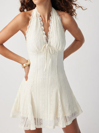 Lace Halter V-neck Bowknot A-line Mini Dress