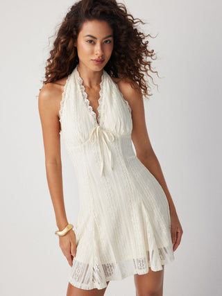 Lace Halter V-neck Bowknot A-line Mini Dress