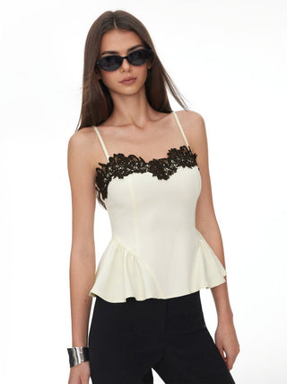 Lace Floral Sweetheart Neck Contrast Peplum Hem Cami Top