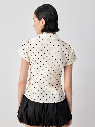 Cotton Polka Dot Puff Sleeve Bowknot Blouse with Belt