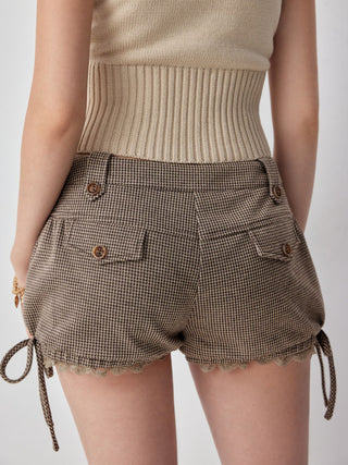 Jacquard Low Rise Houndstooth Lace Trim Bowknot Bloomer Micro Shorts