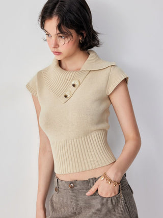 Knit Cotton-blend Asymmetrical Neck Short Sleeve Top