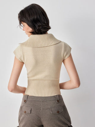 Knit Cotton-blend Asymmetrical Neck Short Sleeve Top
