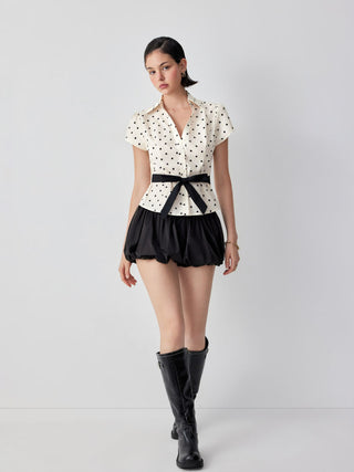Cotton Polka Dot Puff Sleeve Bowknot Blouse with Belt