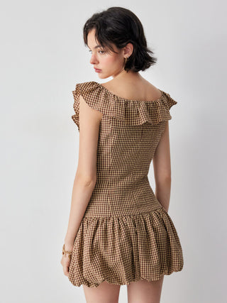 Cotton-blend Gingham Boat Neck Ruffled Bubble Hem Mini Dress