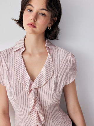 Cotton-blend Striped Ruffled Short Sleeve Blouse