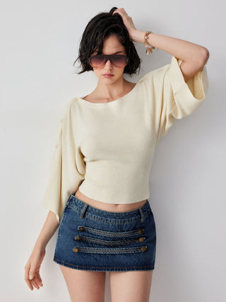 Knit Boat Neck Batwing Sleeve Sweater