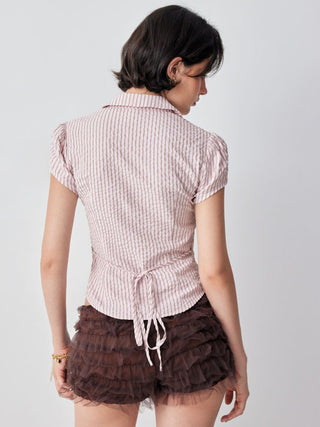 Cotton-blend Striped Ruffled Short Sleeve Blouse
