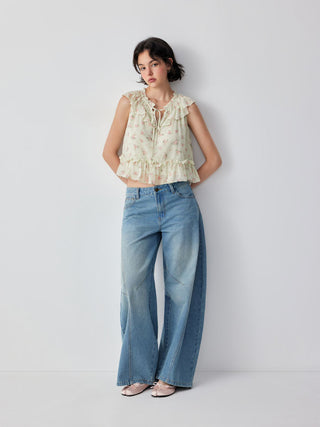 Chiffon Ditsy Floral Tie Front Ruffle Hem Crop Tank Blouse