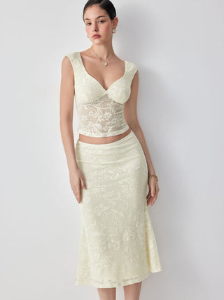 Lace Floral Lace up Backless Top & Cotton-blend Low Rise Midi Skirt Set