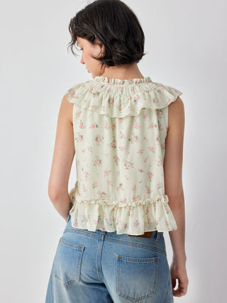 Chiffon Ditsy Floral Tie Front Ruffle Hem Crop Tank Blouse