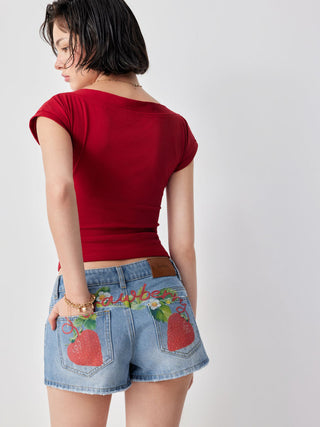 Denim Low Rise Strawberry Graphic Metal Detail Micro Shorts