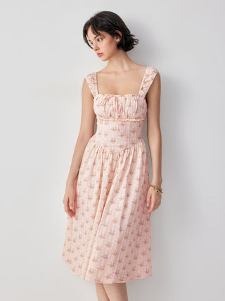 Cotton-blend Textured Floral Sweetheart Ruffle Lace Up Flared Maxi Dress