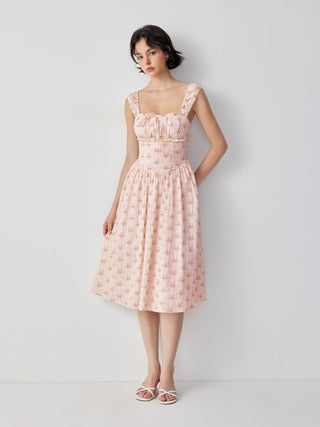 Cotton-blend Textured Floral Sweetheart Ruffle Lace Up Flared Maxi Dress