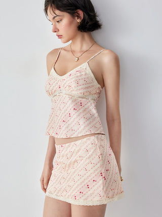 Striped Lace Trim Cami Top & Mid Rise Mini Skirt Set