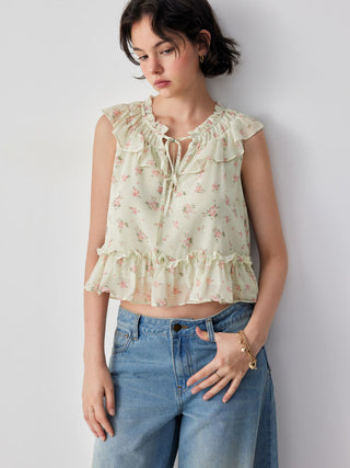 Chiffon Ditsy Floral Tie Front Ruffle Hem Crop Tank Blouse