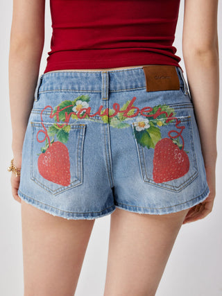 Denim Low Rise Strawberry Graphic Metal Detail Micro Shorts