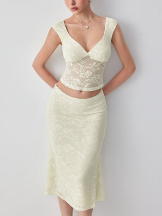 Lace Floral Lace up Backless Top & Cotton-blend Low Rise Midi Skirt Set