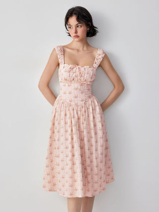 Cotton-blend Textured Floral Sweetheart Ruffle Lace Up Flared Maxi Dress