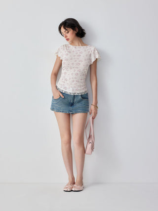 Textured Floral Boat Neck Ruffle Sleeve Lace Trim Slim Tee