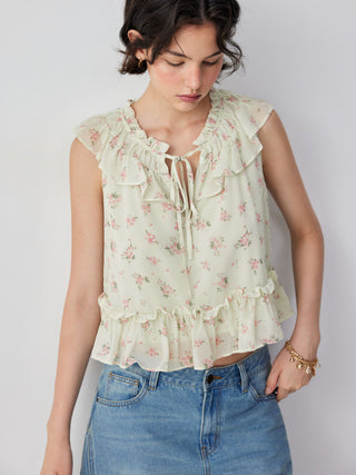 Chiffon Ditsy Floral Tie Front Ruffle Hem Crop Tank Blouse
