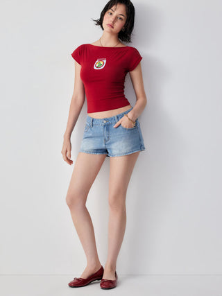 Denim Low Rise Strawberry Graphic Metal Detail Micro Shorts