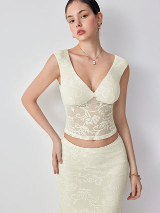 Lace Floral Lace up Backless Top & Cotton-blend Low Rise Midi Skirt Set