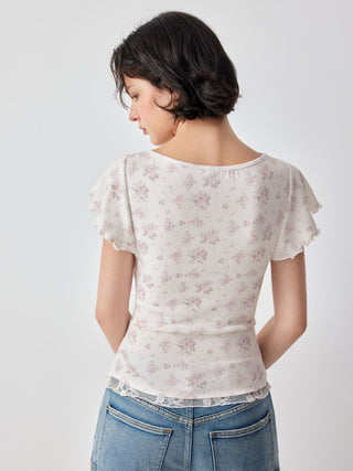 Textured Floral Boat Neck Ruffle Sleeve Lace Trim Slim Tee