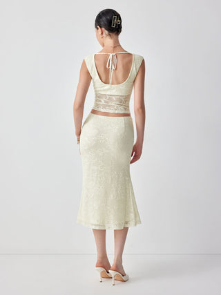 Lace Floral Lace up Backless Top & Cotton-blend Low Rise Midi Skirt Set
