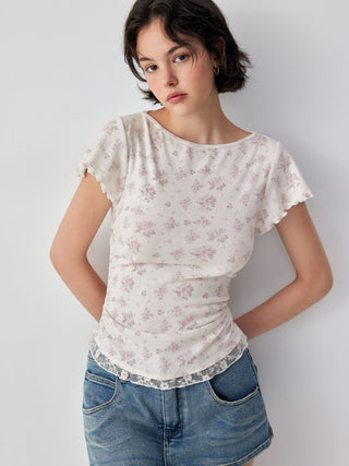 Textured Floral Boat Neck Ruffle Sleeve Lace Trim Slim Tee