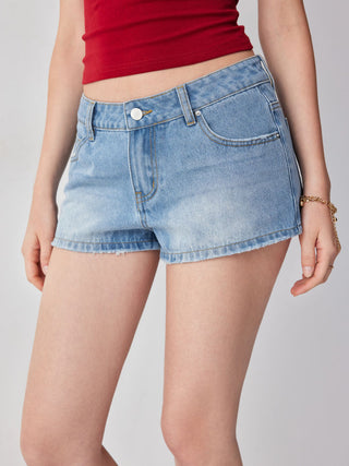 Denim Low Rise Strawberry Graphic Metal Detail Micro Shorts
