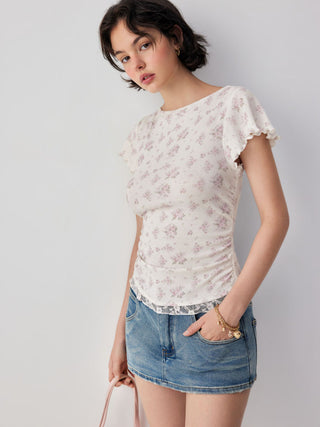 Textured Floral Boat Neck Ruffle Sleeve Lace Trim Slim Tee