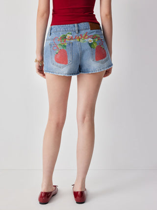 Denim Low Rise Strawberry Graphic Metal Detail Micro Shorts