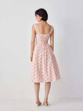 Cotton-blend Textured Floral Sweetheart Ruffle Lace Up Flared Maxi Dress