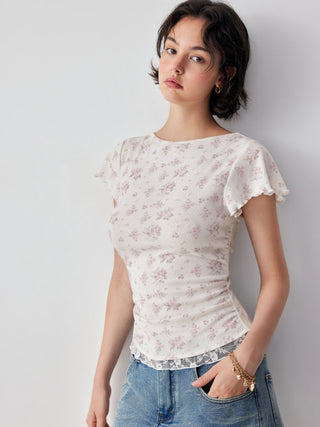 Textured Floral Boat Neck Ruffle Sleeve Lace Trim Slim Tee
