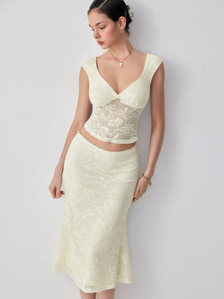 Lace Floral Lace up Backless Top & Cotton-blend Low Rise Midi Skirt Set