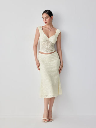 Lace Floral Lace up Backless Top & Cotton-blend Low Rise Midi Skirt Set