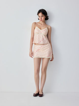 Striped Lace Trim Cami Top & Mid Rise Mini Skirt Set
