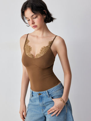 Scoop Neckline Scalloped Lace Trim Cami Bodysuit