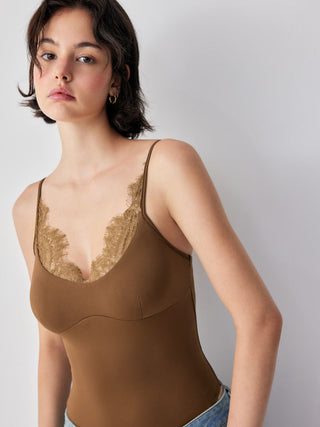 Scoop Neckline Scalloped Lace Trim Cami Bodysuit